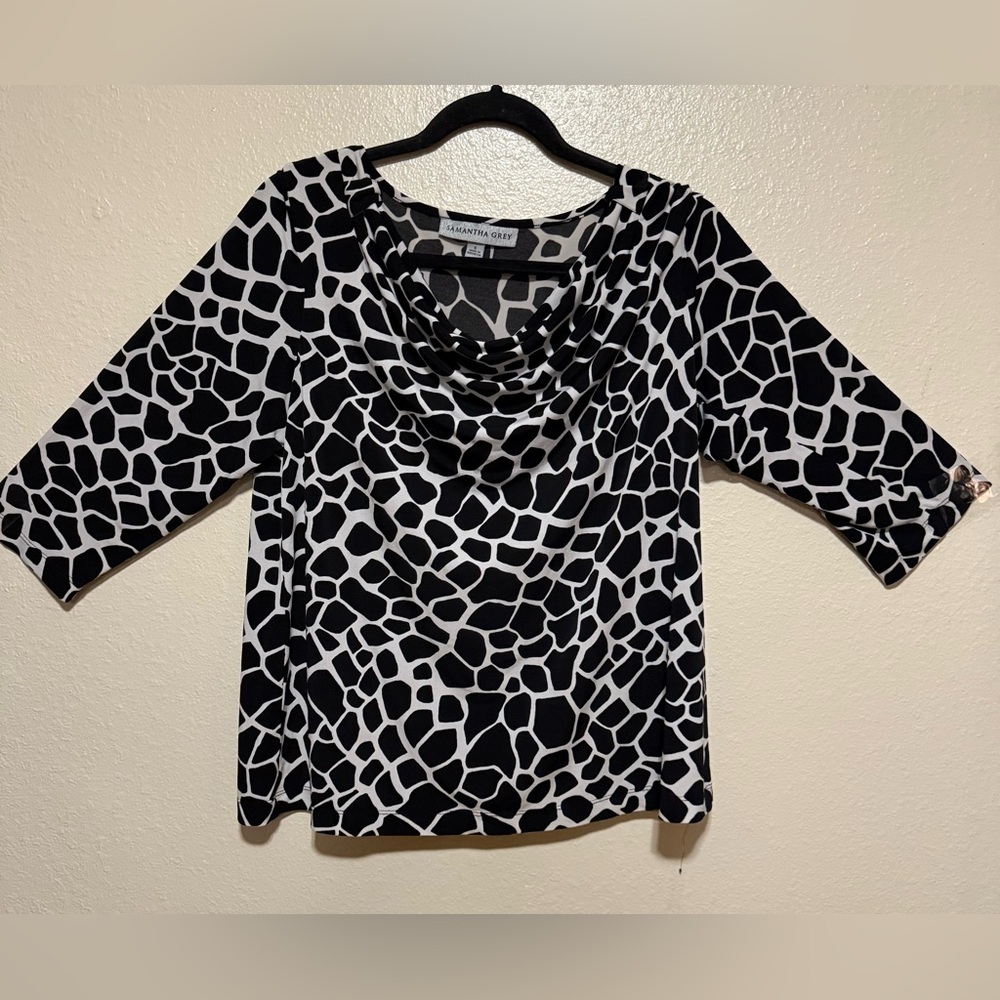Samantha Gray Animal Print Draped Blouse | Scoop Neck 3/4 Sleeve Top | Small - Picture 2 of 5